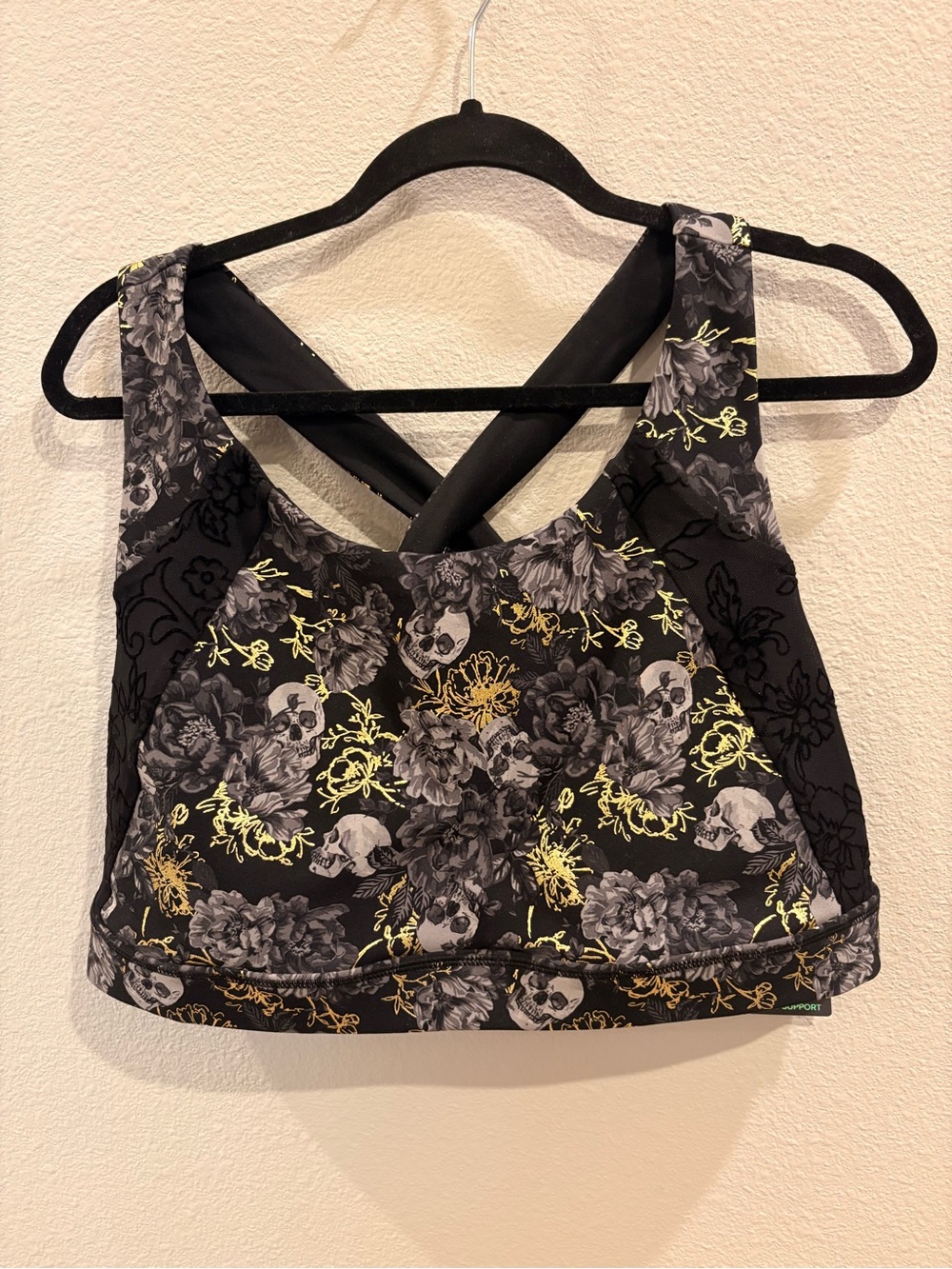 torrid Black Sports Bra with Gray Floral & Gold Skull Accents